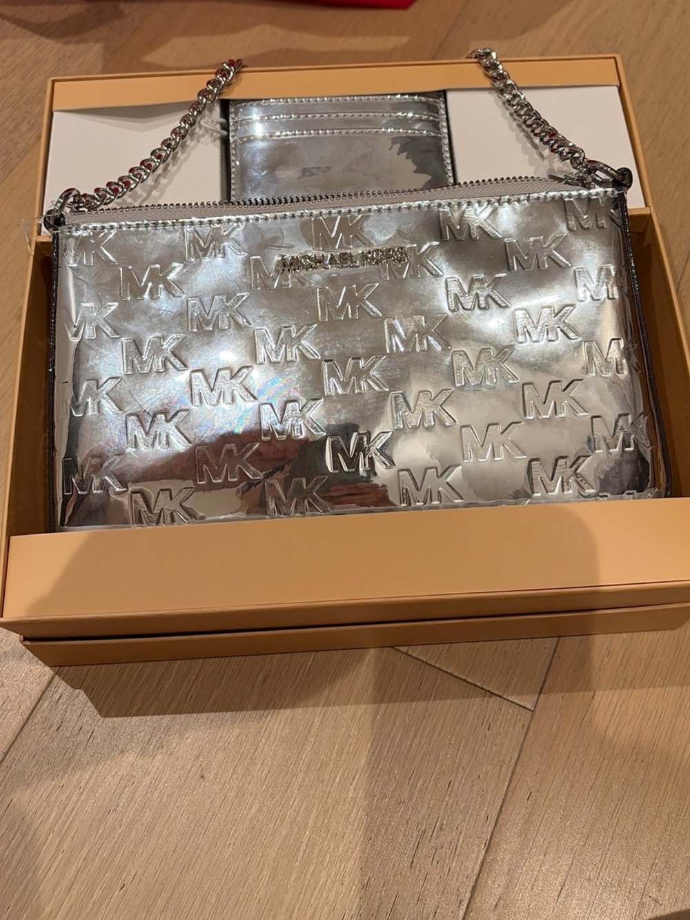 Michael Kors Metallic Silver MK Embossed Crossbody with Card case gift box